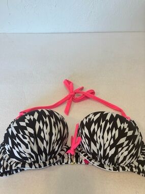 Victoria’s Secret 34D Push Up Bikini Top Black White Geometric Neon Pink Straps